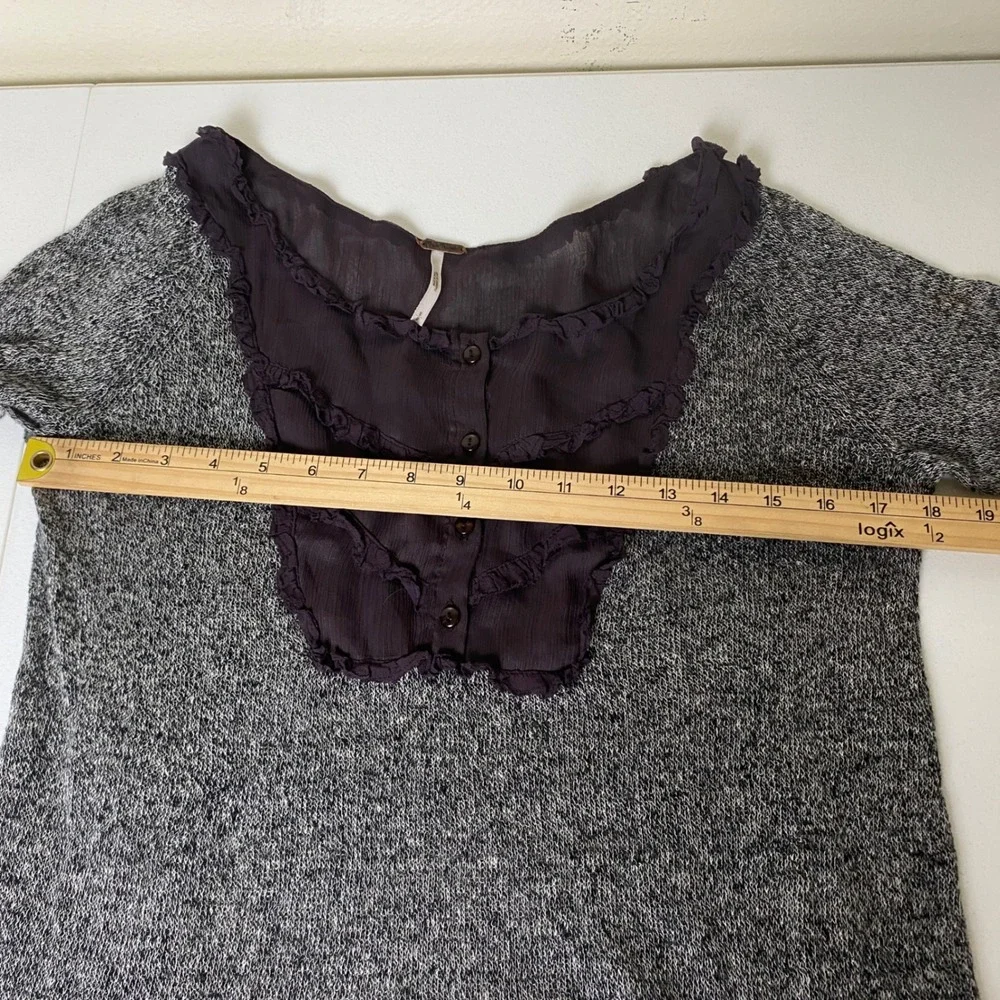 Free People Marled Knit Women Tunic S Grey Linen Ruffle Bib Button Peplum Top